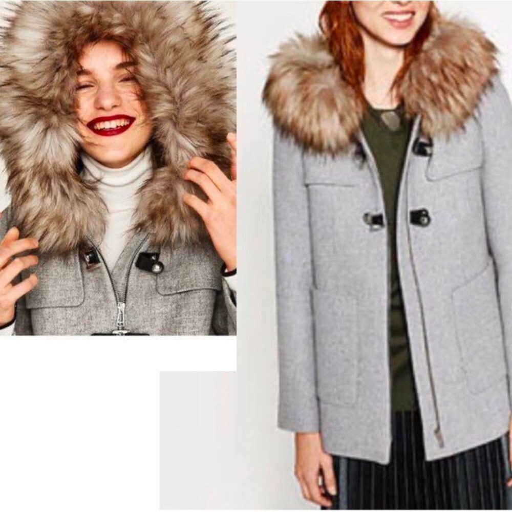 ZARA A-line Wool Duffle Coat jacket Gray detachable faux Fur Hood pockets size S - Picture 5 of 16